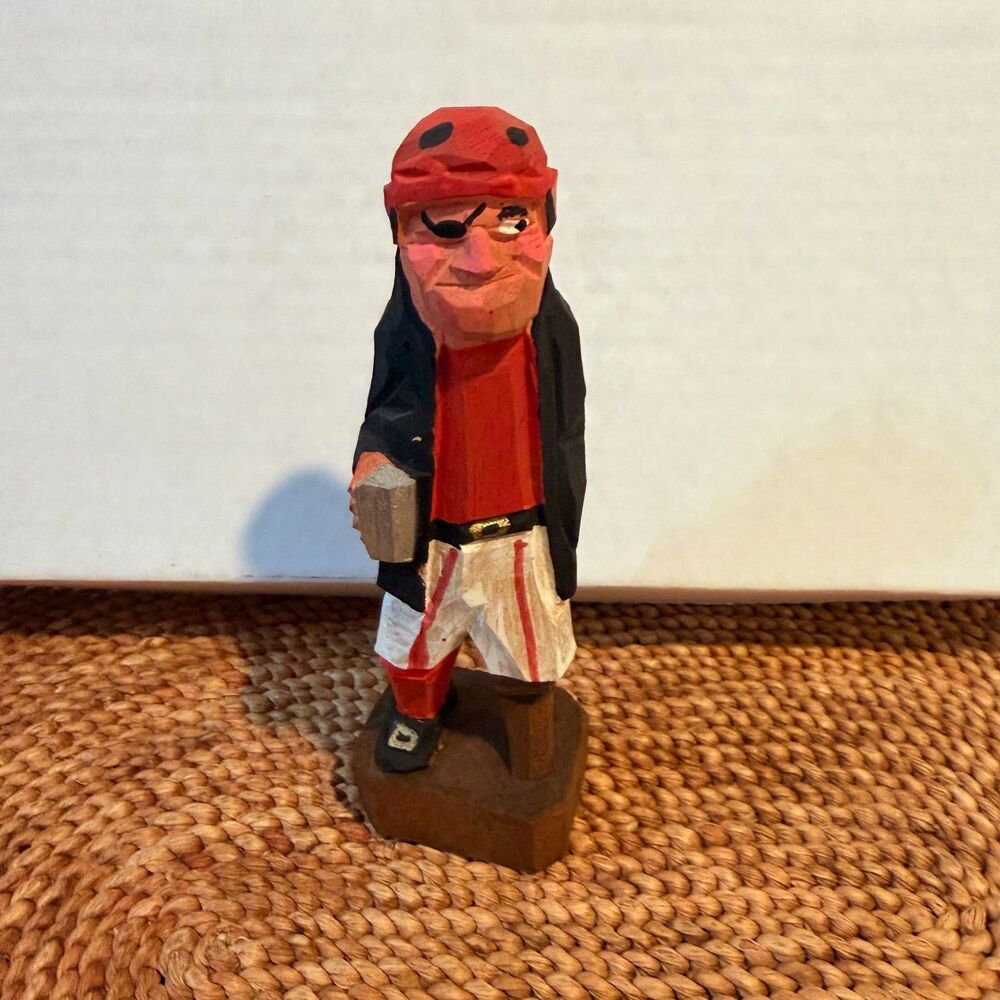 Vintage Hand Carved Wood Pirate Figurine 6" Peg Leg Eyepatch Nautical Folk Art